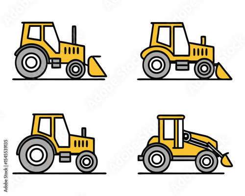 Illustrative set of yellow tractors with different front loader designs and wheels on white background.