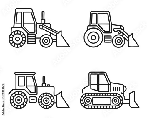 Four detailed outlined construction vehicles illustrations with different styles of front loaders isolated.