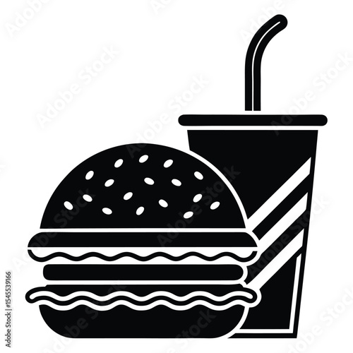 Vector illustration featuring a delicious burger and refreshing drink with straw presented in a simple black and white style.