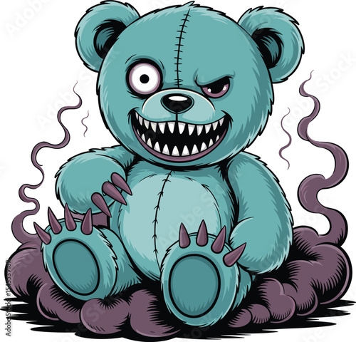 Scary Stitched Teddy Bear with Glowing Eye and Key, Surrounded by Smoke, Perfect for Horror Concepts