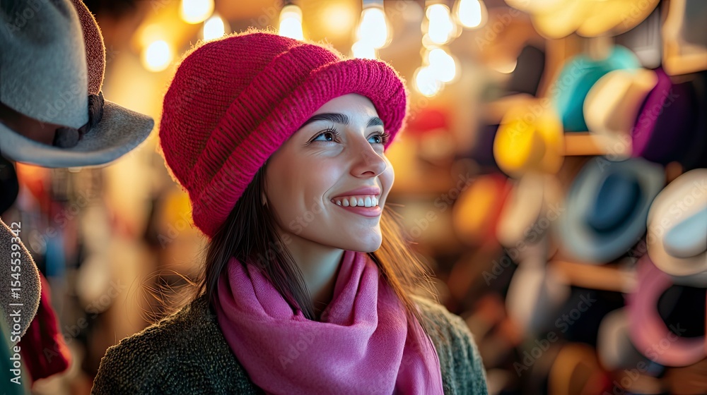 Fototapeta premium Woman in a pink hat and scarf, browsing a shop filled with hats