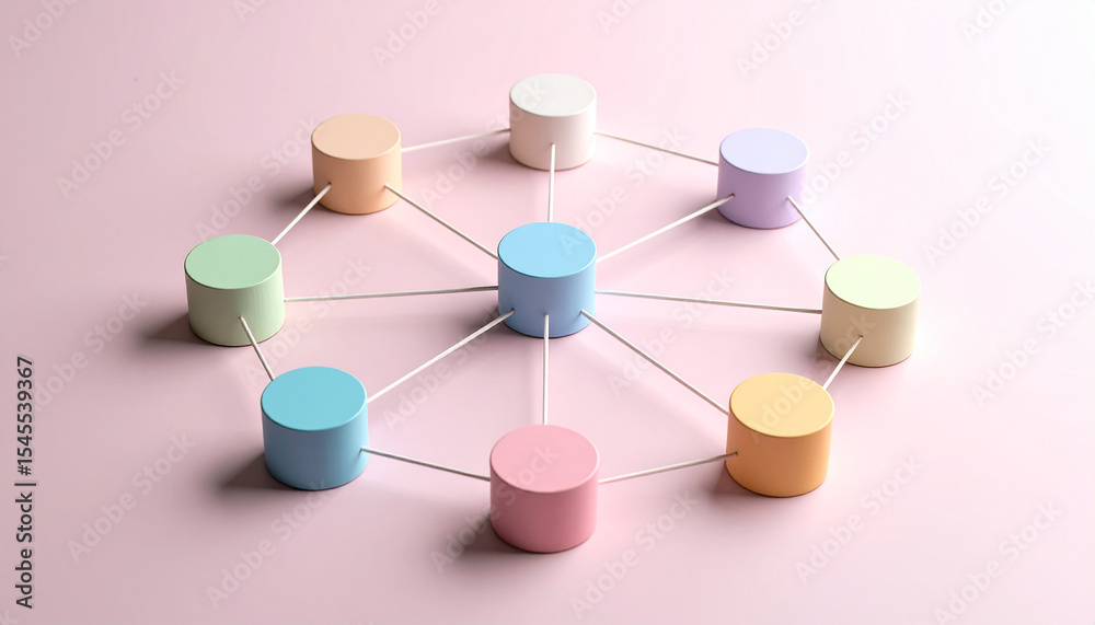 Fototapeta premium Connected Collaboration: A visually compelling arrangement of pastel-colored cylinders interlinked by delicate lines, symbolizing collaboration and connectivity on a soft pink backdrop.