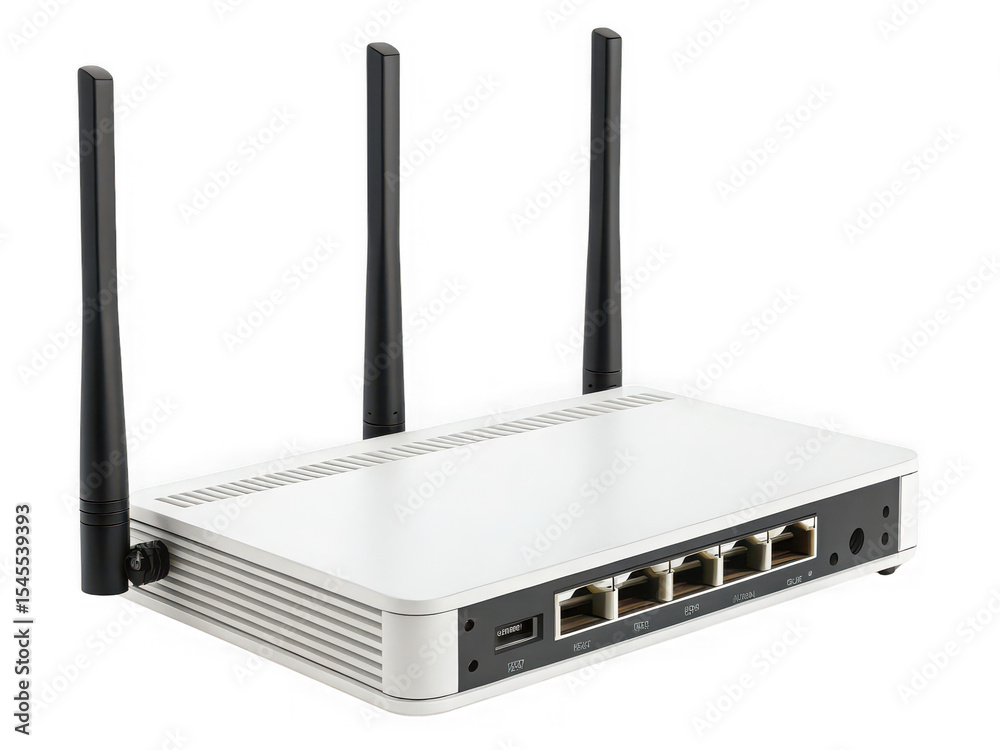 Fototapeta premium White wireless router with black antennas, isolated on black background, technology device, internet connection