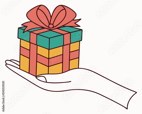 Hand presenting a colorful gift box with ribbon in a vintage style illustration. gift, giving, hand, gift box, ribbon, bow.