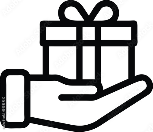 Outline illustration of a hand presenting a wrapped gift box with a ribbon bow for giving. gift, present, giving, hand, gift box, ribbon, bow.