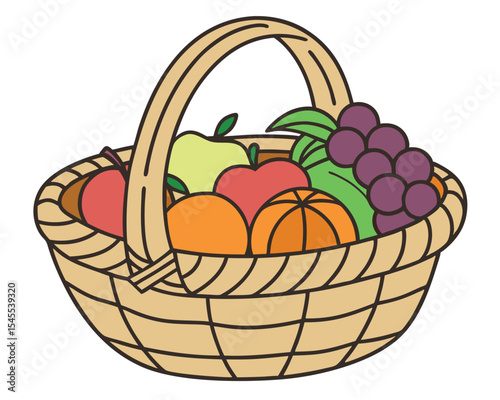 A charming illustration of a wicker basket filled with fresh and colorful fruits.