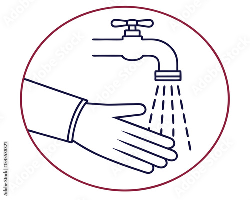 Washing hands under running water hygiene concept outline illustration in a circular badge design. hand washing, wash hands, hygiene, sanitation.
