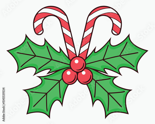 Festive christmas holly berries and candy canes on a white background holiday decoration. christmas, holly, berries, candy cane, holiday.