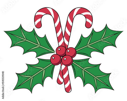 Festive christmas holly berries candy canes holiday decoration isolated on a white background.