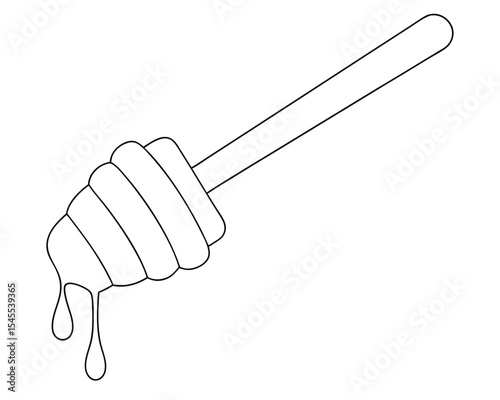Black and white drawing of a honey dipper with dripping honey vector illustration isolated on white.
