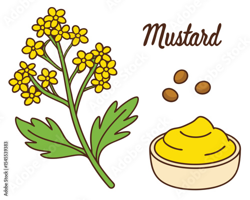 Delicious mustard plant flowers and seeds along with a bowl of prepared mustard sauce cartoon illustration.