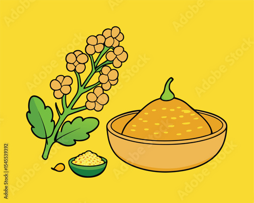 A colorful illustration depicting mustard seed preparation including plant flowers and spice.
