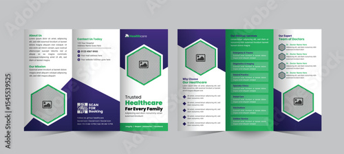 Modern trifold brochure design for medical services, perfect for hospitals and clinics, focusing on service promotion, patient benefits, and healthcare solutions, with a professional layout