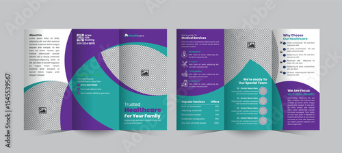 Medical and healthcare trifold brochure design template to promote  clinic and hospital services, showcase key offerings, and increase patient engagement through a clean, professional layout