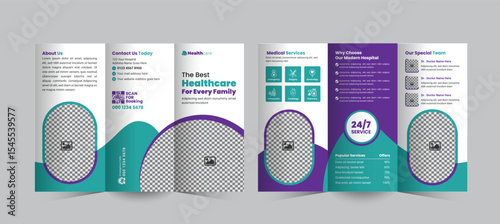 Medical and healthcare trifold brochure design template to promote  clinic and hospital services, showcase key offerings, and increase patient engagement through a clean, professional layout