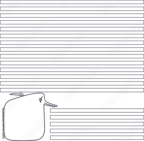 Striped art in the form of rectangles imitating lines in a notebook. There is also a chubby animal with a long mouth in the form of a comic cloud.