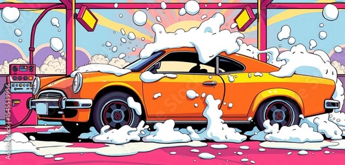 Retro comic style illustration of a car wash scene with soapy suds and vibrant colors,  speed,  whimsical