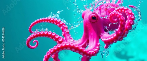 Playful pink octopus playfully splashing in turquoise ocean water,  happy octopus,  playful