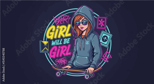Urban girl skater in hoodie with neon feminist statement