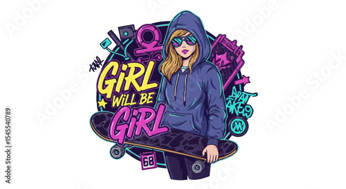 Girl in hoodie with skateboard and feminist graffiti quote
