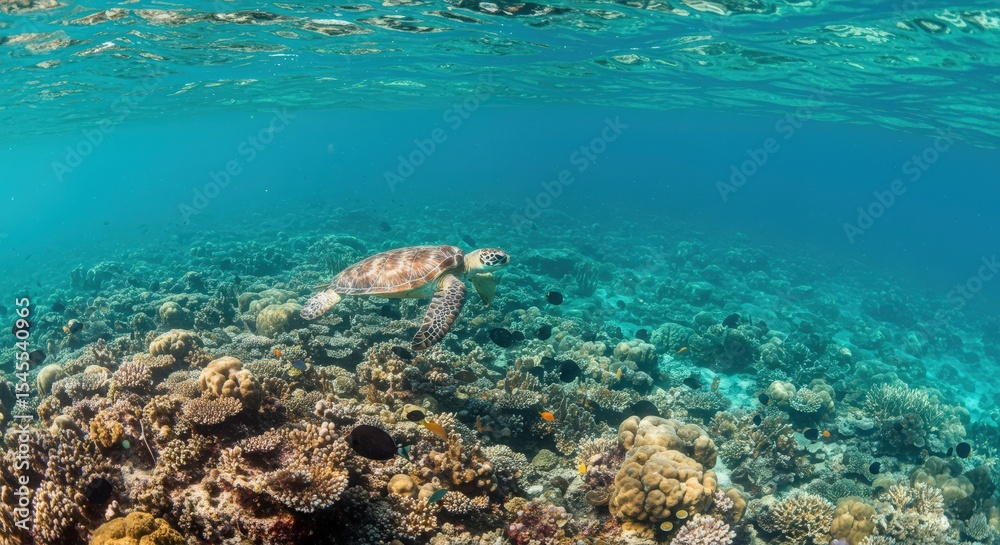Fototapeta premium Sea Turtle Swimming Over Vibrant Coral Reef in Clear Blue Water