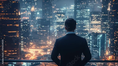 Businessman gazing at a futuristic cityscape at night from a high-rise balcony, cinematic view