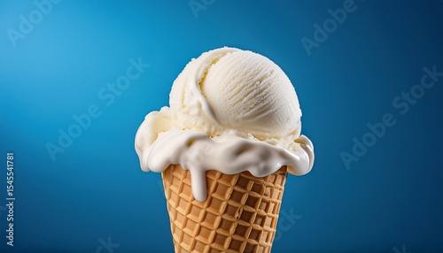 two scoops of vanilla ice cream on top ice cream cone blue background