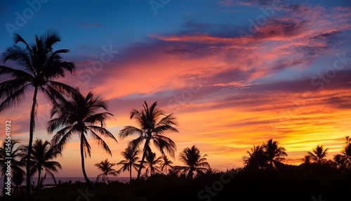 tropical sunset with silhouetted palm trees and vibrant colorful sky