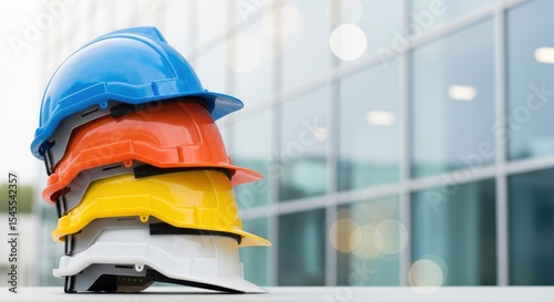 Colorful Construction Safety Helmets Stacked Outdoors For Work Protection