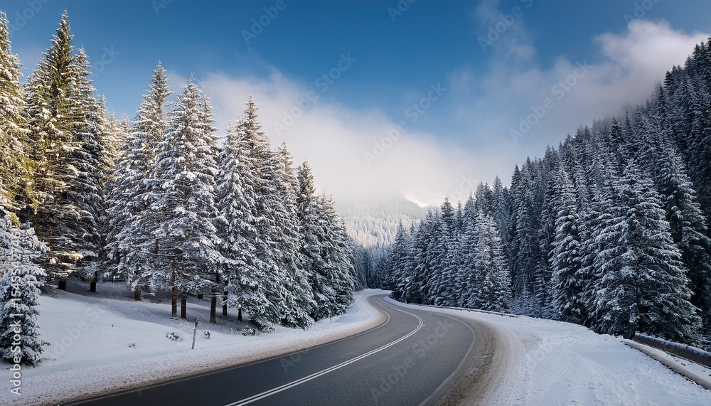 Obraz premium scenic winding road through snow covered pine trees in winter