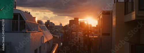Sunset over Tokyo quite neighborhood with epic clouds and view