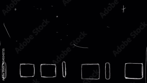 Old film animation with white scratches on black. Seamless vintage cinema effect loop in 4K with alpha channel, nostalgic look with rough texture overlay.