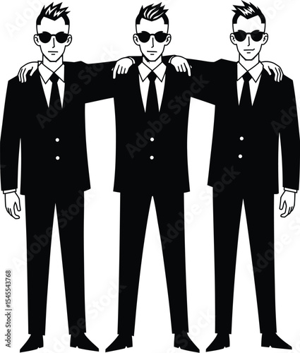 Black and White Vector Illustration of Three Stylized Men in Suits with Sunglasses Embracing in Minimalist Design