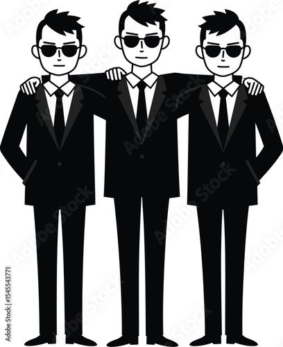 Black and White Vector Illustration of Three Stylized Men in Suits with Sunglasses Embracing in Minimalist Design