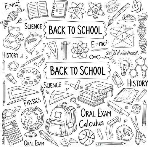 Black and White Hand-Drawn Education Doodle Illustration with Science, Math, and School Symbols