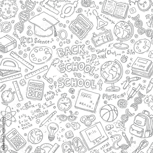 Black and White Hand-Drawn Education Doodle Illustration with Science, Math, and School Symbols