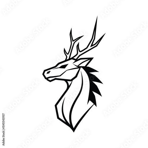 Stylized illustration of a deer head in black and white, featuring geometric shapes and sharp lines.