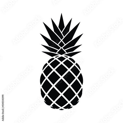 A black and white illustration of a pineapple with detailed cross-hatching on its body and spiky leaves.