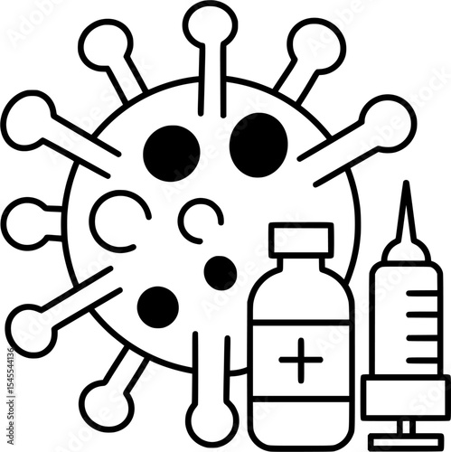 Virus, Vial, and Syringe Icon | Vaccine Concept