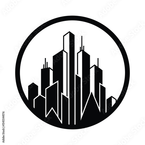 Simple black and white graphic of a city skyline enclosed in a circle.