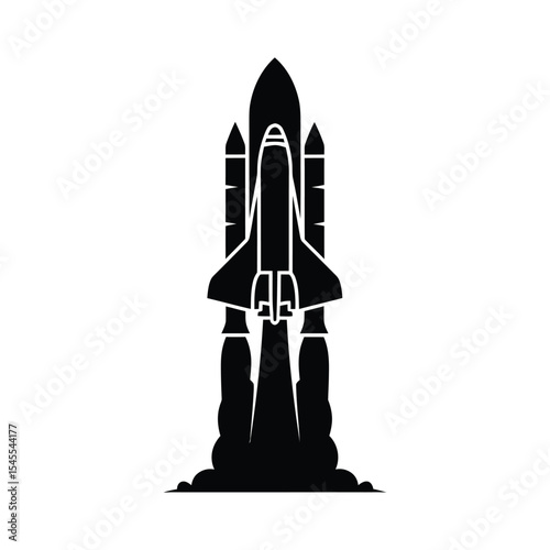 Silhouette of a space shuttle launching into space.