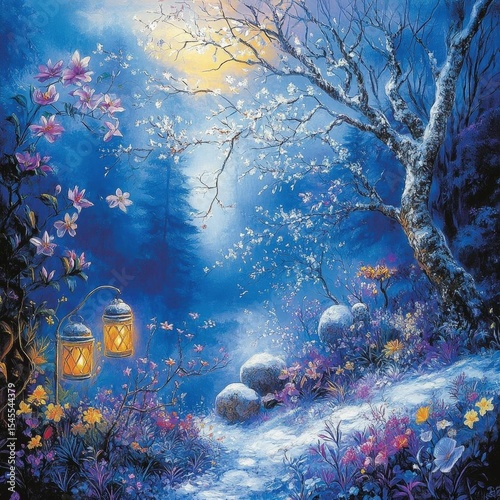Winter Night Path In Magical Forest With Glowing Flowers