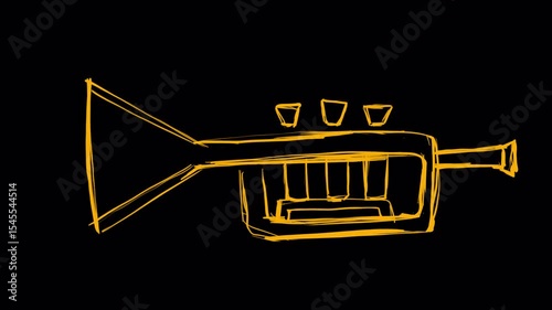 Golden cartoon trumpet plays and spins on black screen. Rotating hand-drawn musical instrument in 4K with alpha. Melody-themed transition for fun edits.