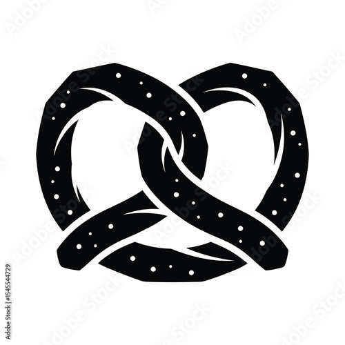 A stylized black silhouette of a pretzel, showcasing its knotted shape and textured surface.