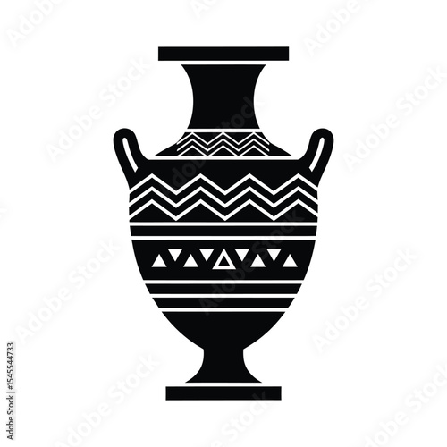 A black and white illustration of an ancient Greek amphora vase with decorative geometric patterns.