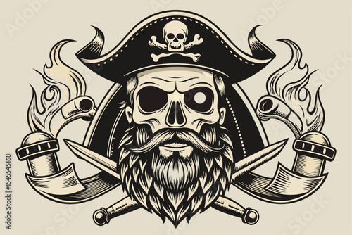 Monochrome Pirate Skull with Crossed Swords and Torches Illustration