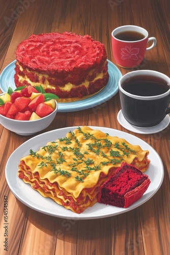 Red Velvet Cake And Lasagna On Wooden Table