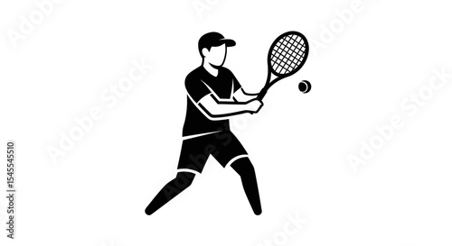 Silhouette of a Tennis Player in Action Hitting a Ball with a Racket Isolated on White Background