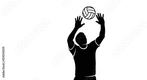Silhouette of a Volleyball Player Setting the Ball in Action Isolated on White Background