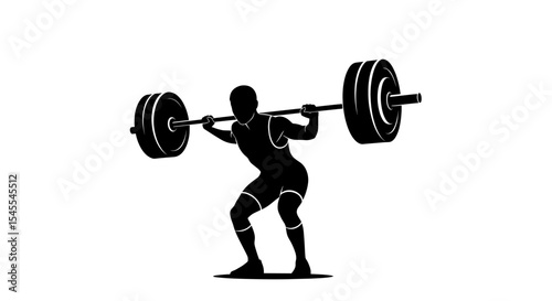 Silhouette of a Weightlifter Performing a Squat with a Barbell Isolated on White Background